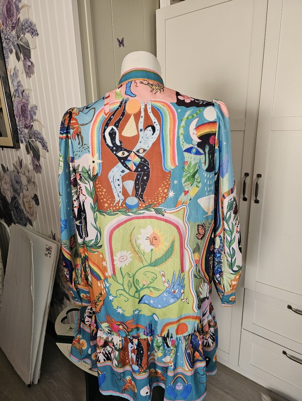 Pink Ripple Dress L Celestial Rainbow Zodiac Maximalist Boho Puff Sleeve Mini - Picture 4 of 10